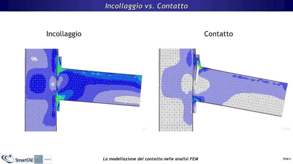 Confronto tra collegamento incollato e simulazione del contatto. Si apprezza come l'incollaggio porti a sovrastimare la rigidezza e a sottostimare gli stress.